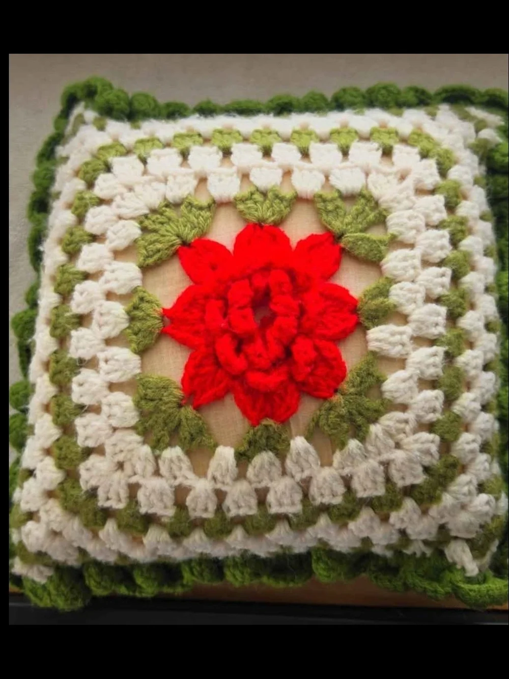 Handmade Crochet Floral Pillow Cover - Red, Green, Cream